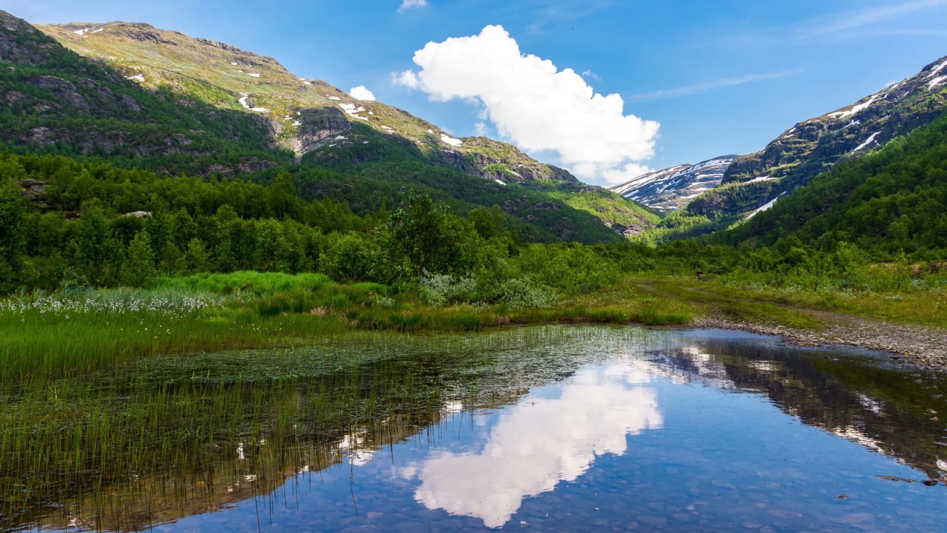 Mountain valley near Østerbø with green slopes, residual snow, and a pond reflecting a large white cloud.