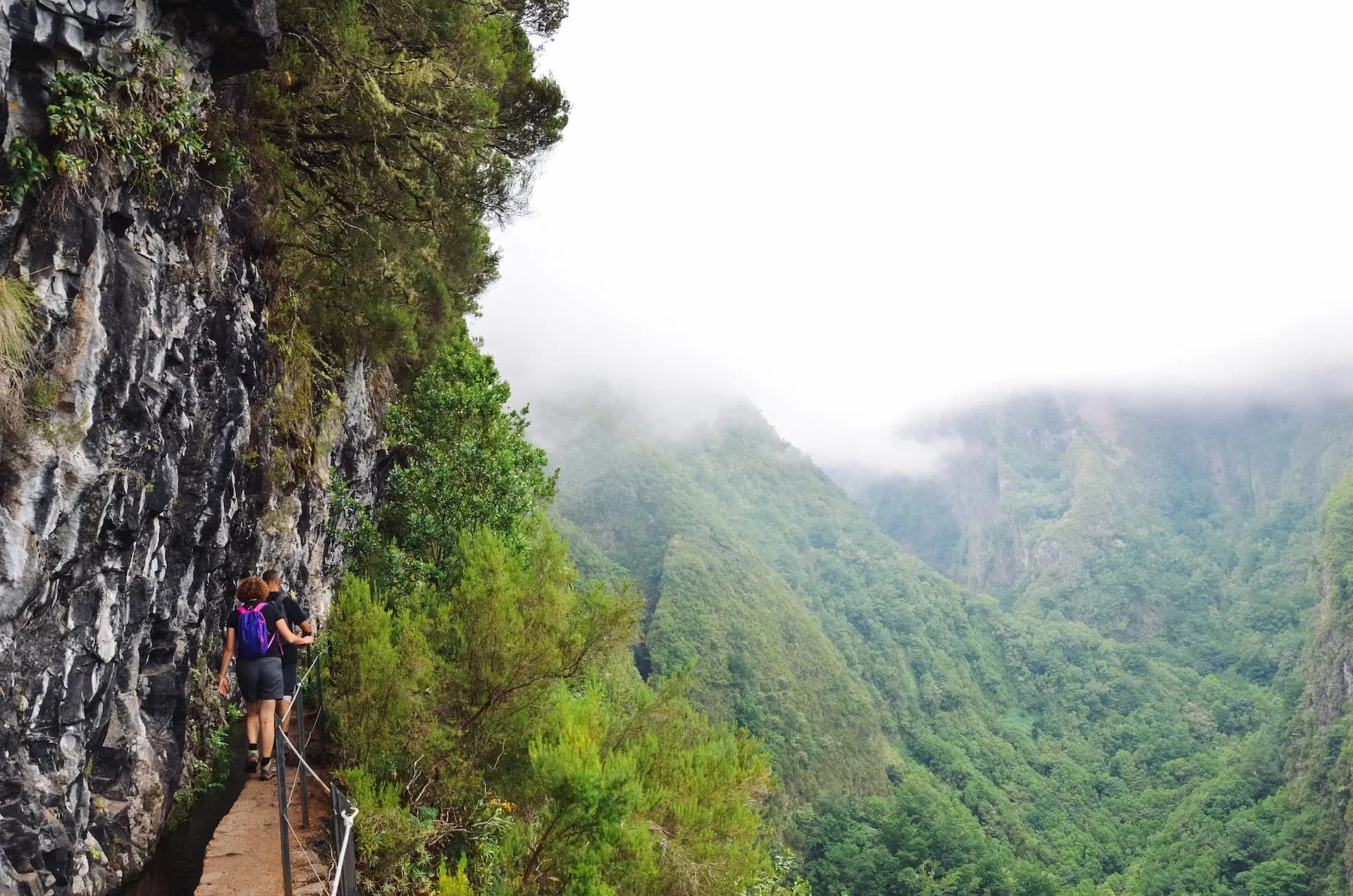 Hikers on narrow path beside cliff face overlooking lush, foggy mountain valley on Levada do Caldeirão Verde.
