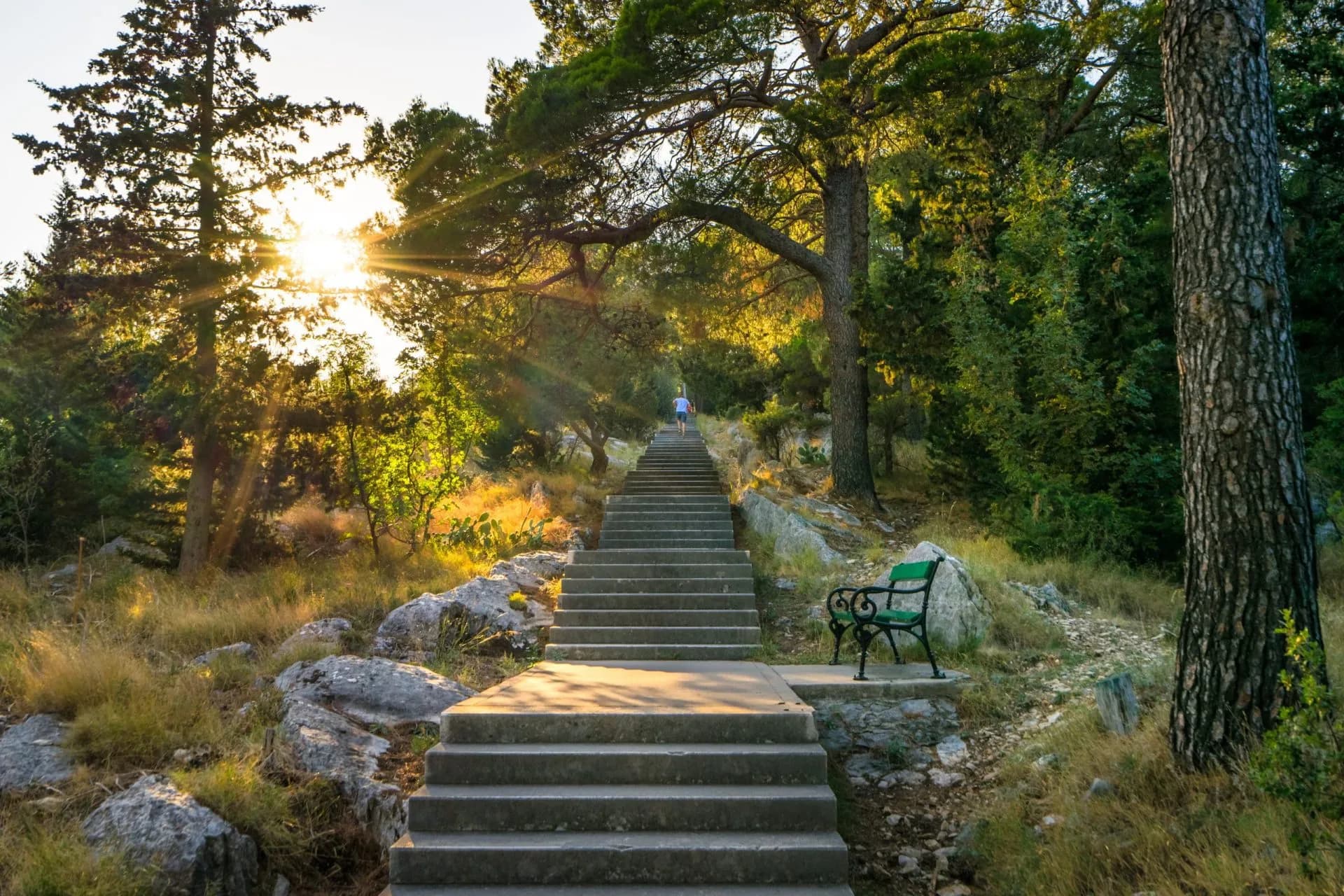 Person climbing long stone stairs through sunlit park with trees and rocks, Marjan Park.