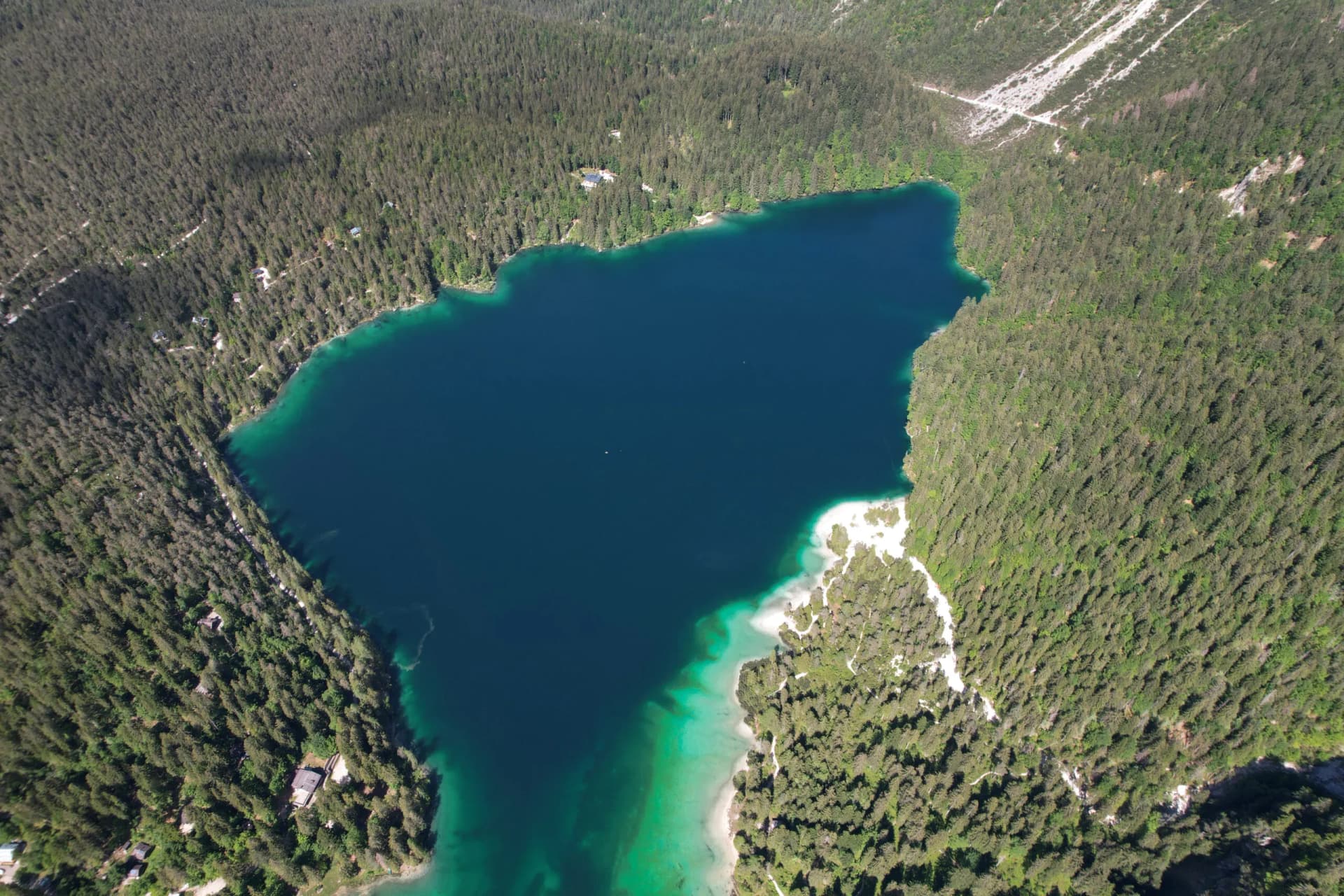 Aerial view of Lake Tovel with deep blue water surrounded by dense green forest and small sandy shorelines.