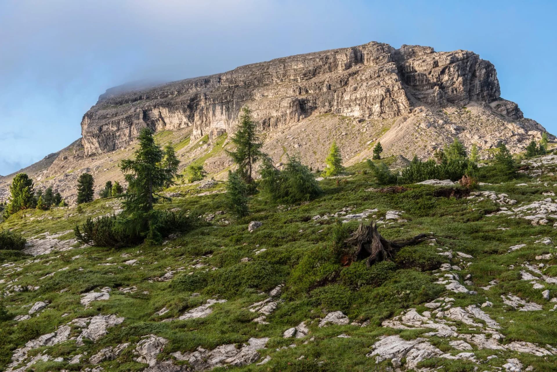 Rocky mountain face with low clouds above, green alpine meadow foreground from Falzarego Pass.