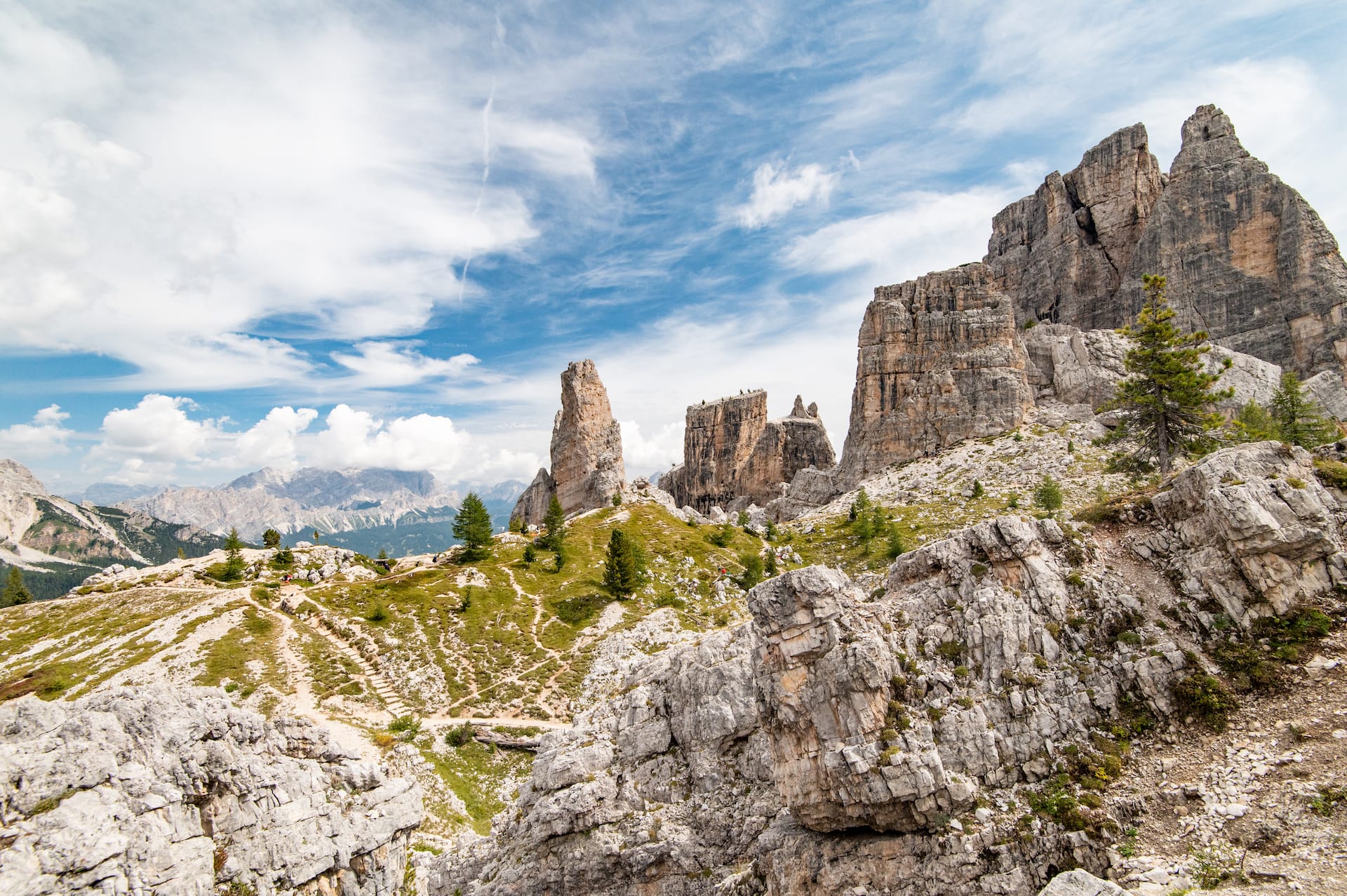 Mountain hiking on rocky terrain with towering peaks under a blue, cloudy sky