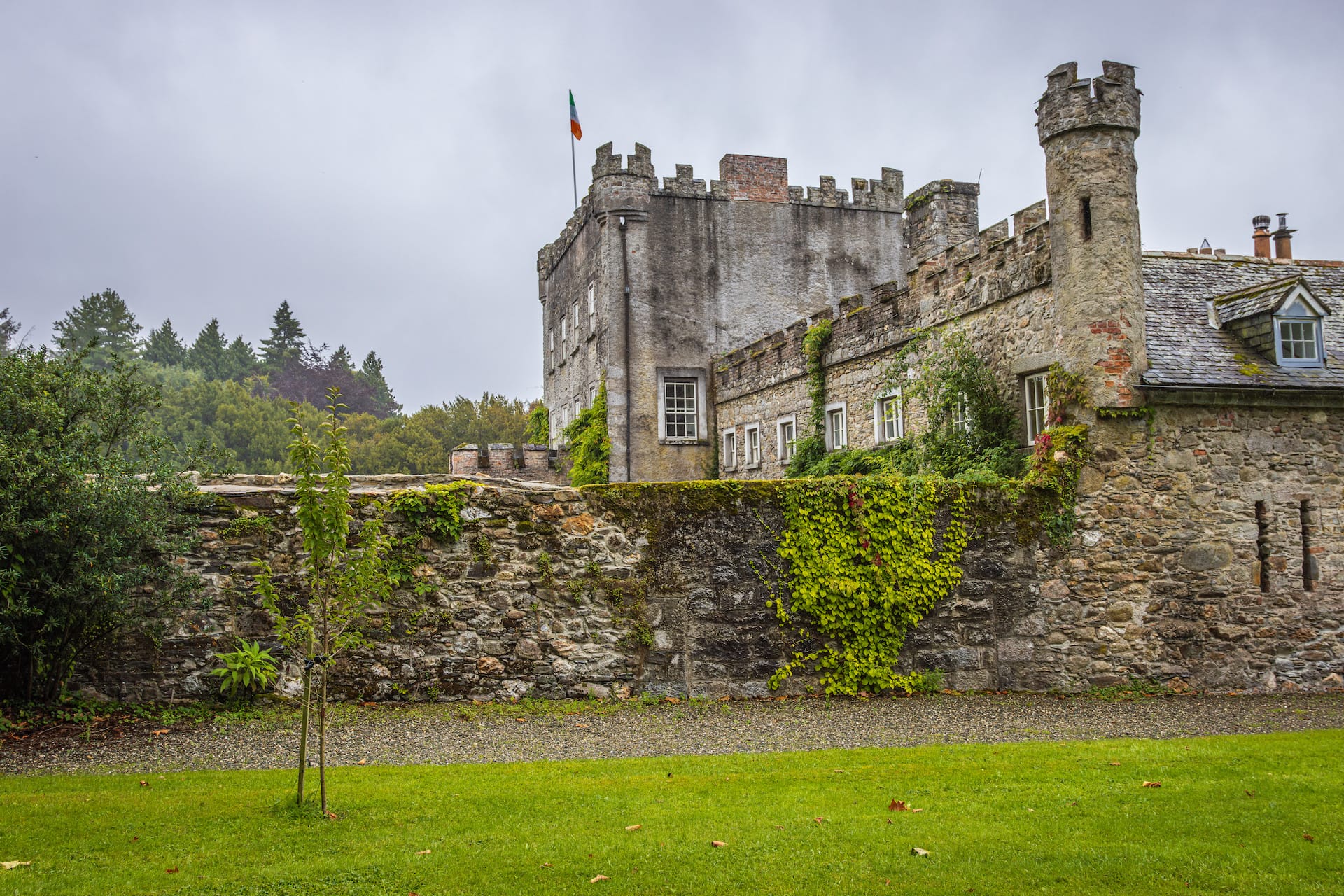 Stone castle structure with Irish flag flying over mossy walls and green ivy, Ireland.