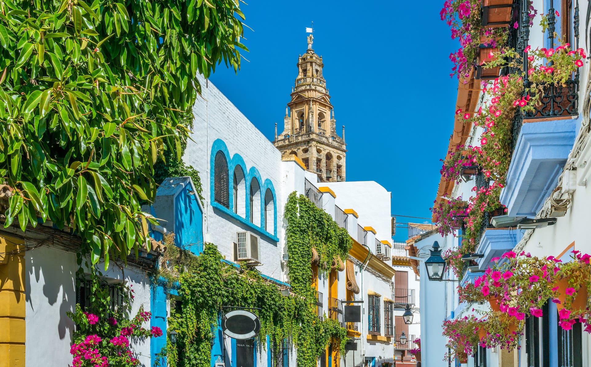 Narrow street with white buildings, bright flowers, and a bell tower in Spain