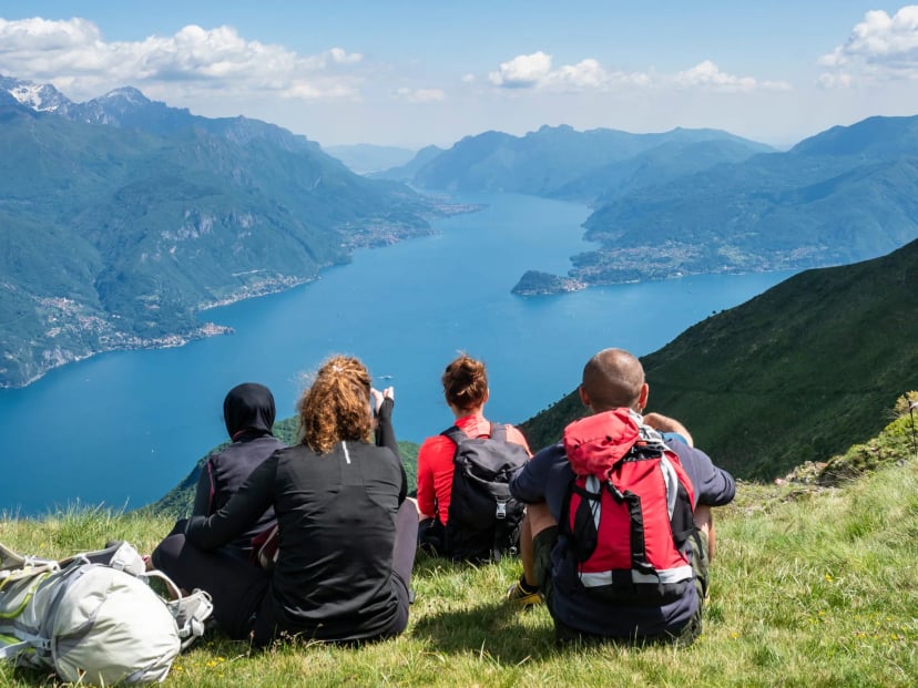 Trekking scene on Lake Como Alps