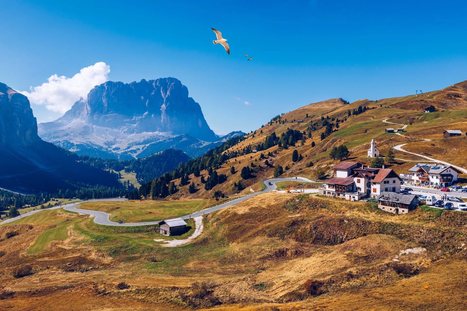 Winding mountain road near alpine village with large peak and soaring bird under blue sky.