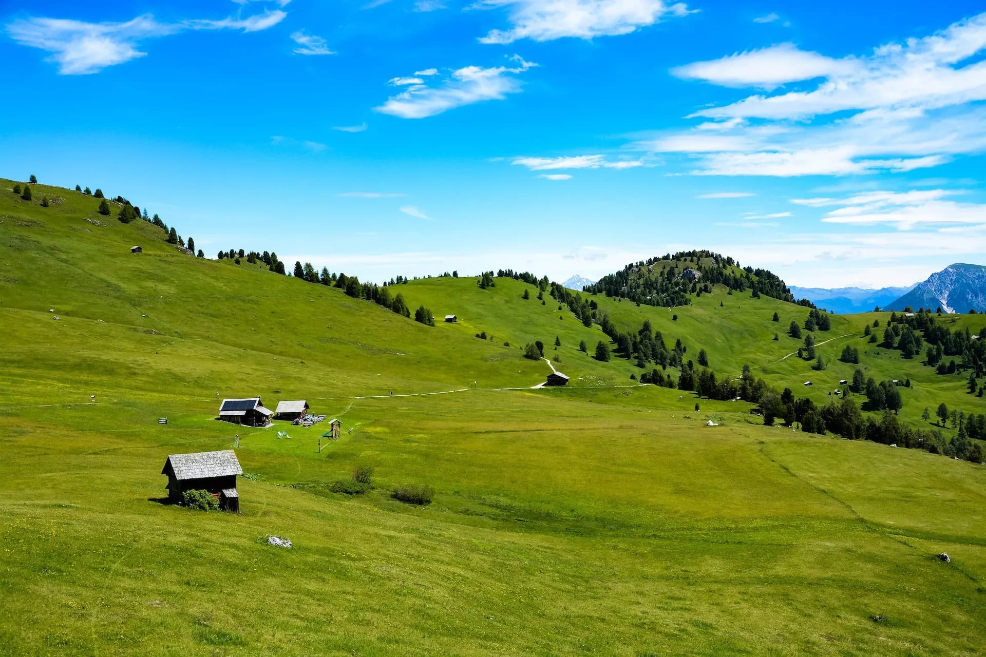 Green alpine meadows with scattered wooden huts under a bright blue sky in the Dolomites.