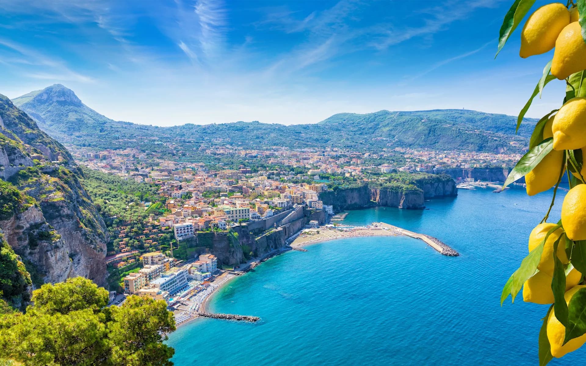 Aerial view of Sorrento coastline with town, blue sea, mountains, and lemons in foreground.