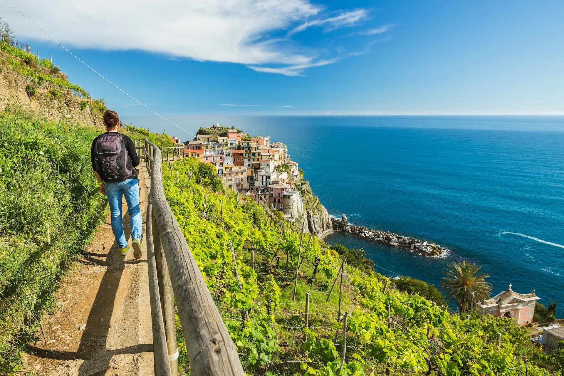 Hiker on trail overlooking colorful village and blue sea near Manarola vineyards