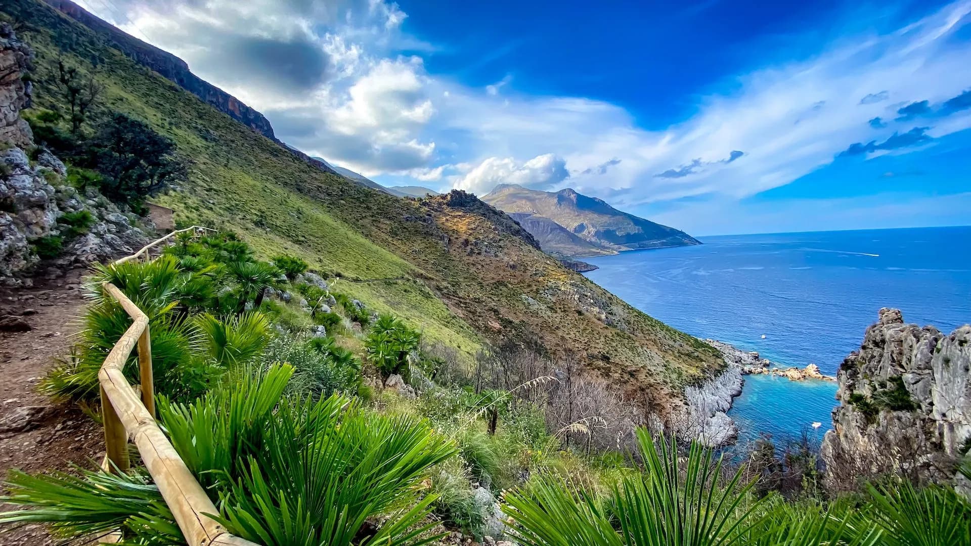 Hiking trail with wooden railing along green, steep hillside overlooking the blue sea in Zingaro Nature Reserve.