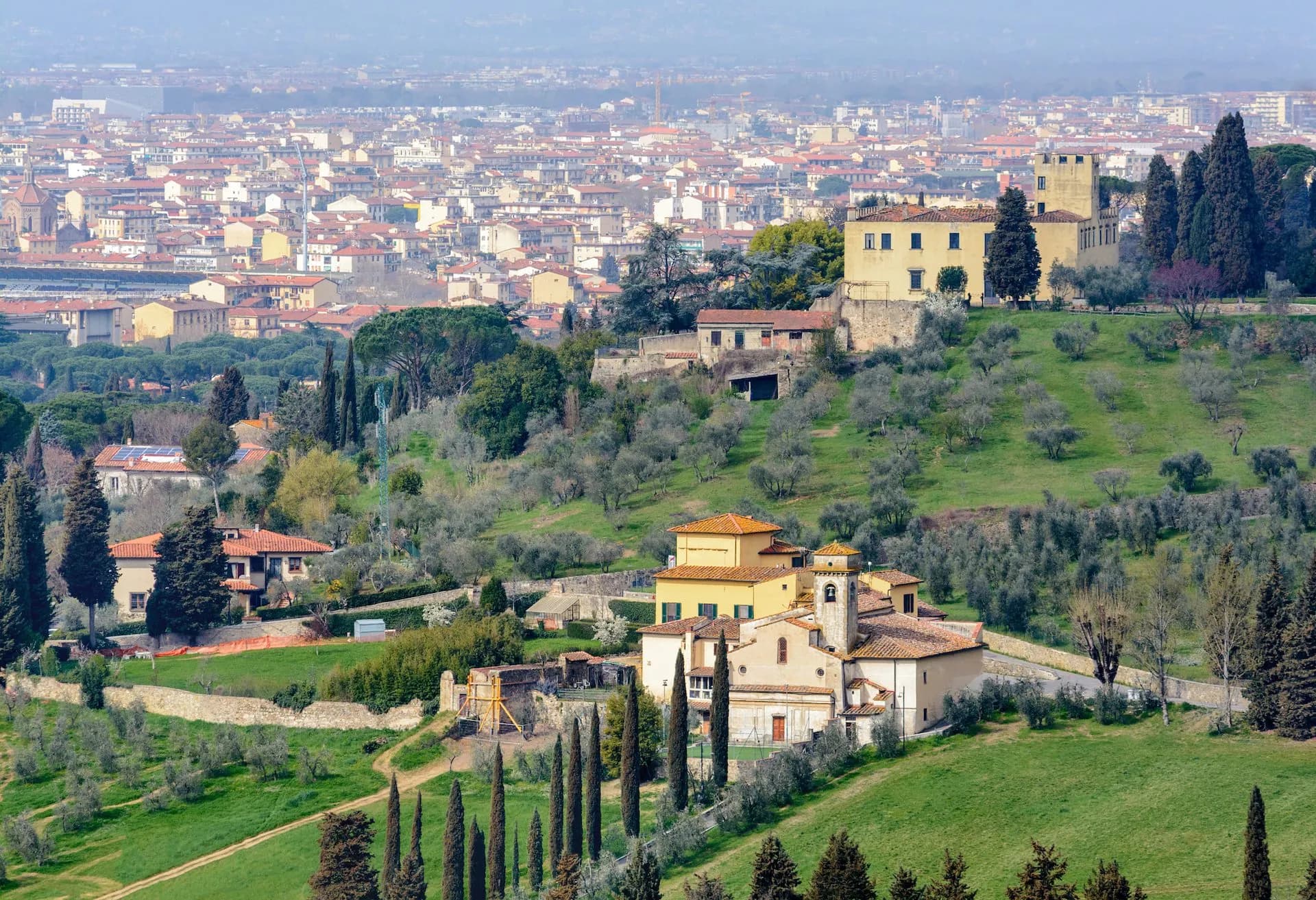 Hillsides with olive groves and villas overlooking the city of Florence, Settignano.