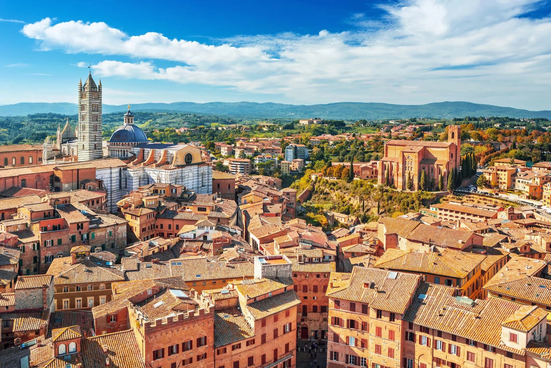 Rooftops of medieval Siena with the striped Duomo bell tower under a blue sky.