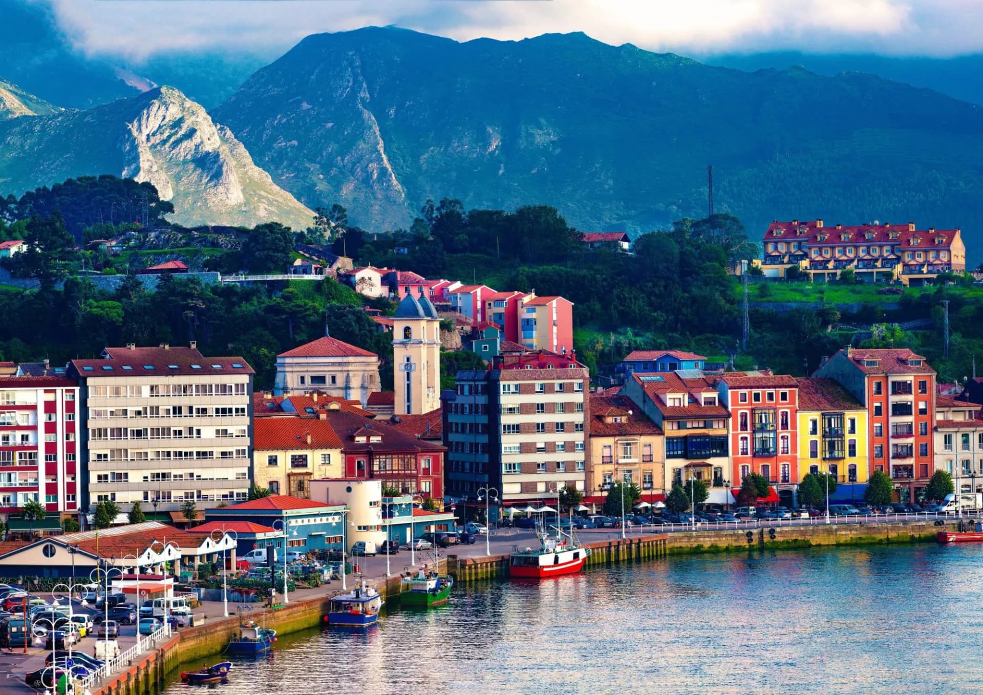Fishing village of Asturias,Spain.Harbour with boats and houses in Ribadesella