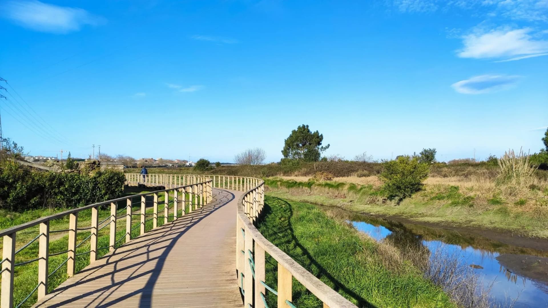The Ecovia do Cavado e do Homem (Cavado and Man's Ecoway) pathway at the Northern Litoral Natural Park in Fao, Esposende, Portugal. The large estuary of the Cávado river.
