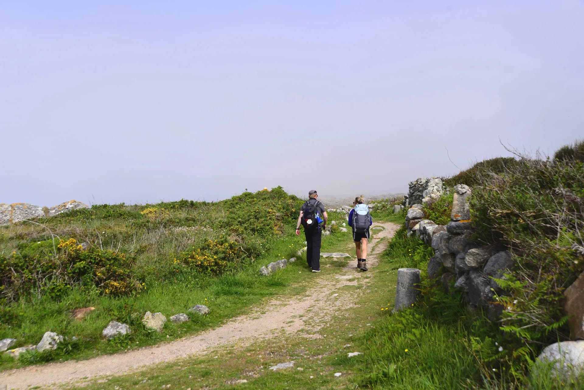 Two pilgrims hiking on dirt path in Galicia with green brush and fog overhead.