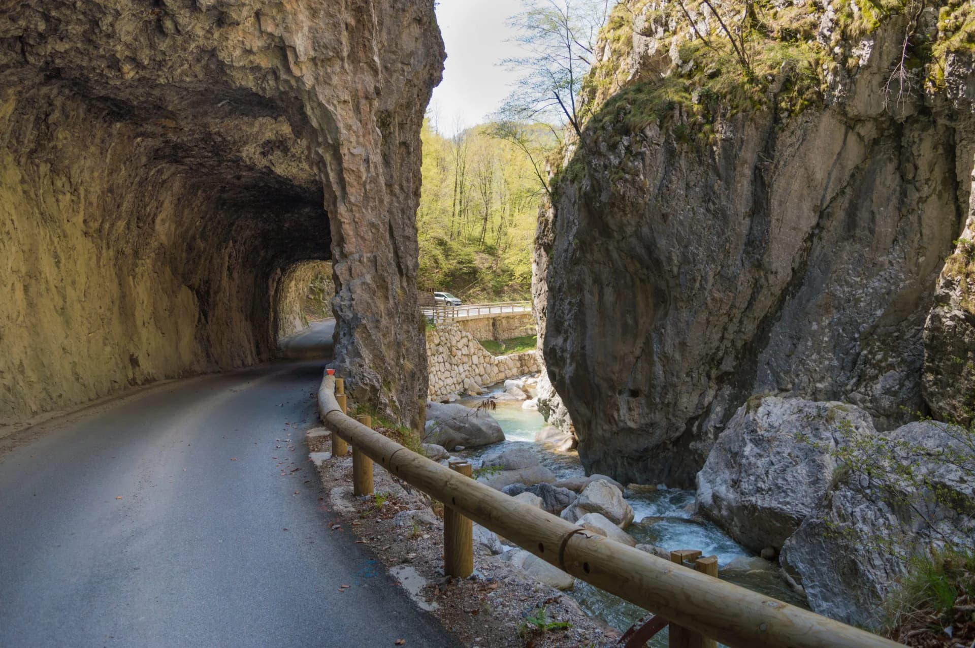 Road tunnel exit through a steep gorge with a rushing river and forested mountains.
