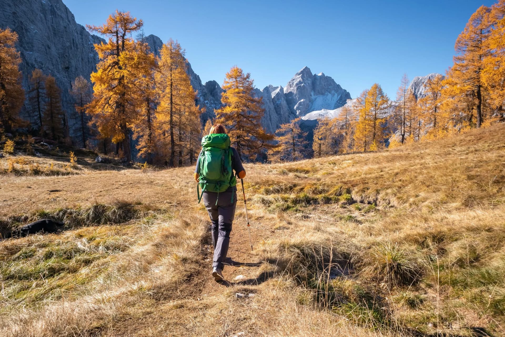 Hiker with green backpack walking on trail toward Julian Alps mountains in autumn.