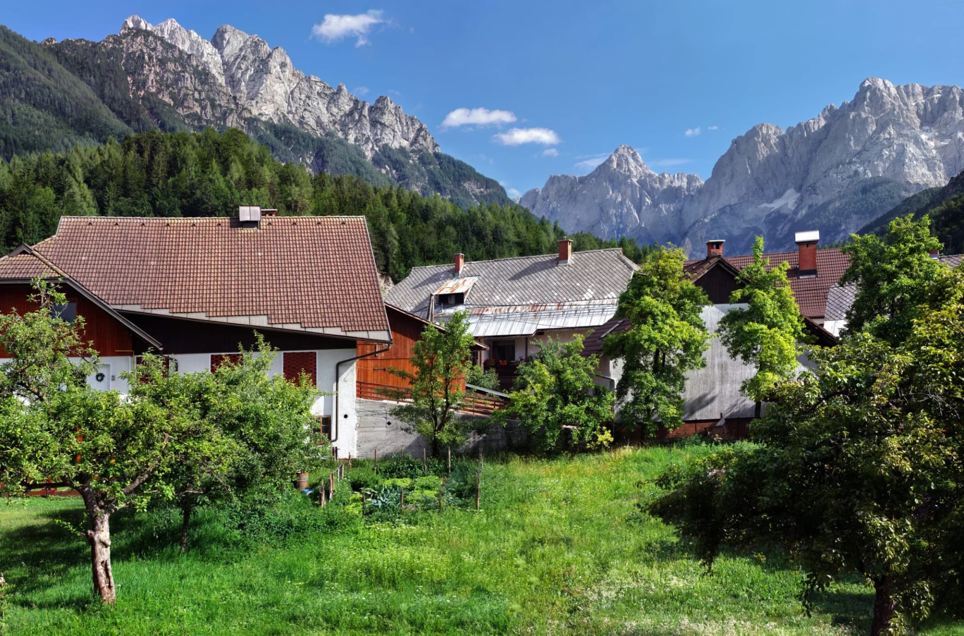 Alpine village houses with green yards beneath jagged, rocky mountains near Kranjska Gora.