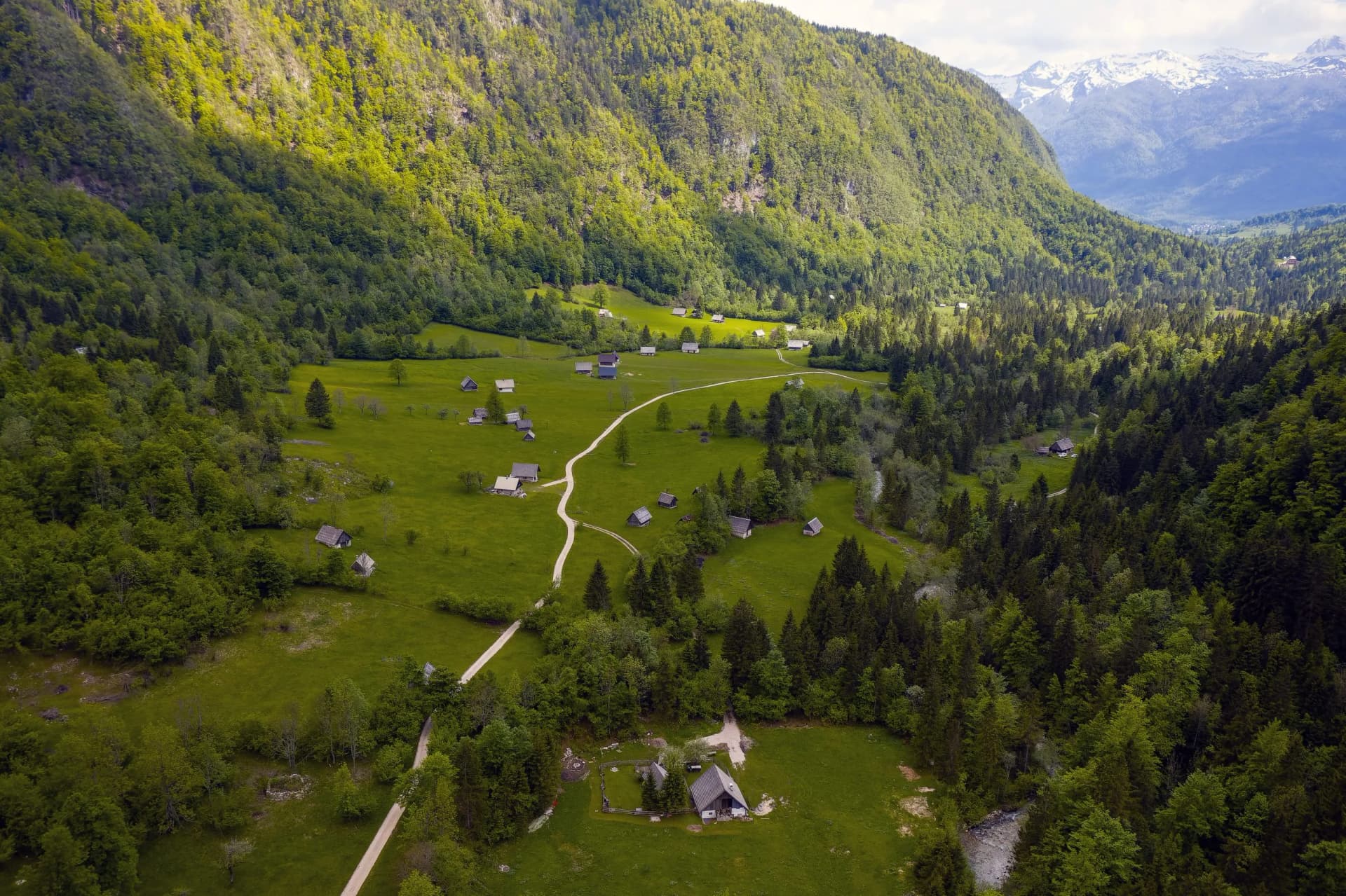 Alpine valley in Voje, Slovenia, with scattered wooden huts, lush green meadows, and snow-capped mountains.
