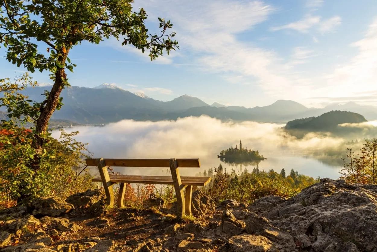 Wooden bench viewpoint above Lake Bled with island church in morning fog and mountains.
