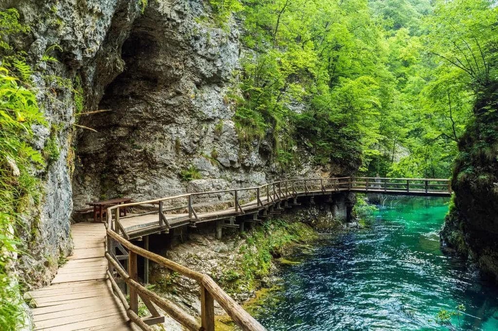 Wooden walkway along a turquoise river in Vintgar Gorge, Slovenia, surrounded by lush green forest.