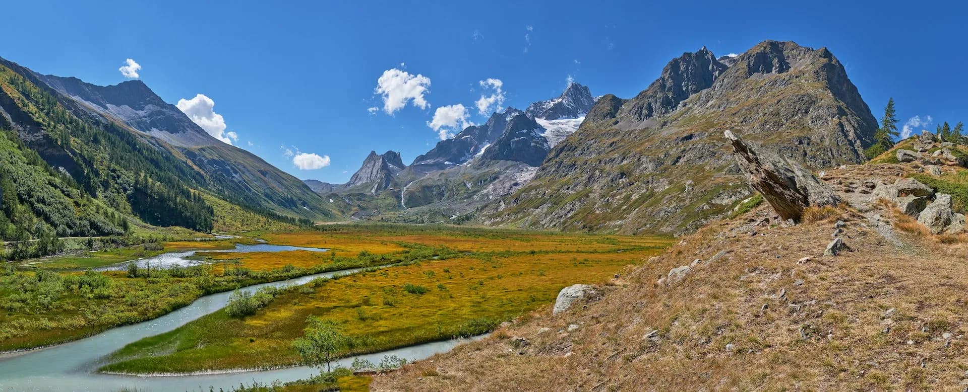 Scenic view of Italian Alps from Mont Blanc massif with Val Veny valley and Lake Combal.