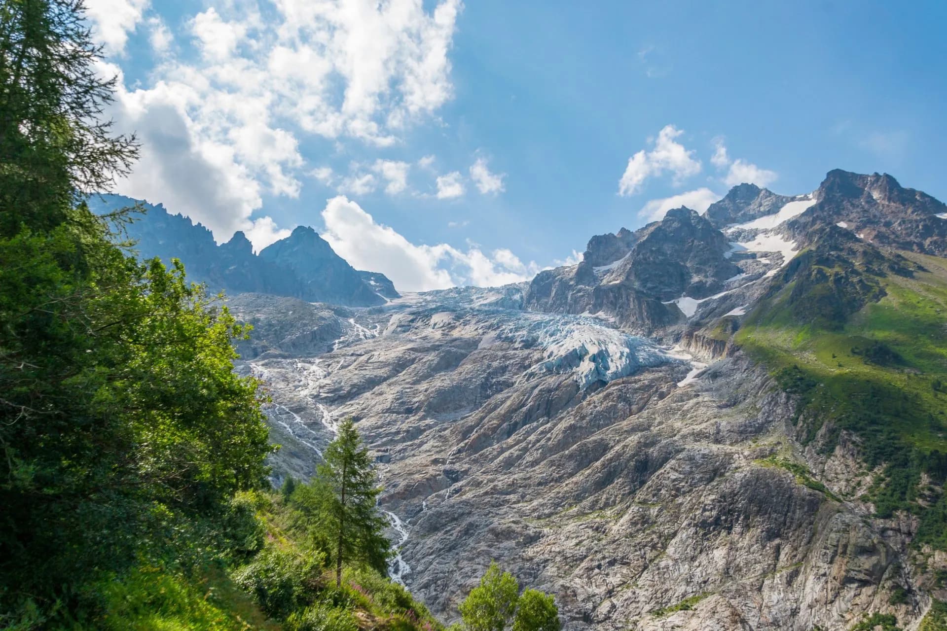 View of the Trient Glacier with rocky slopes, green foreground, and blue sky with clouds.
