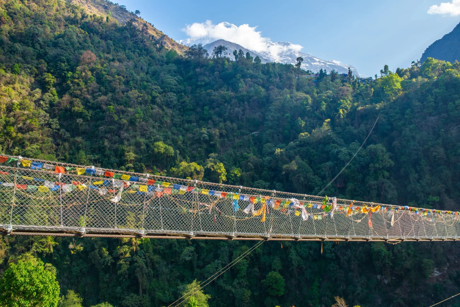 The suspension bridge named 'Natural hot springs pool and turquoise glacial rocky mountain river stream' (278 m long) located nearly Jhinu Danda village, one of the famous village on the way to Annapurna Sanctuary of Nepal.
