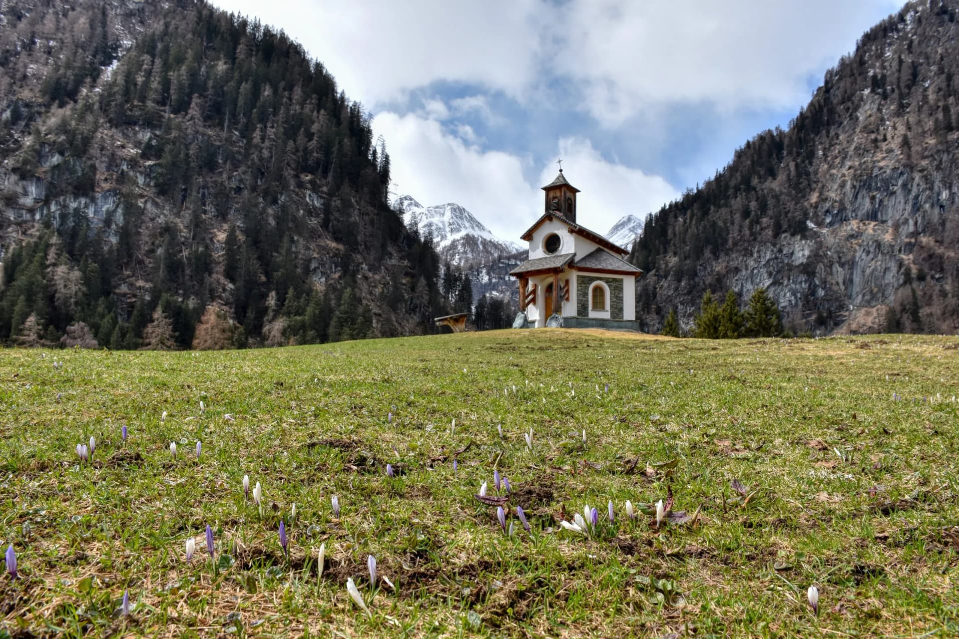Hubertuskapelle, Ströden, Hinterbichl, Prägraten, Umbaltal, Maurertal, Osttirol, Kapelle, Kirche, Krokus, Blumen, blühen, Blüte, Kraftort, Kreuz, Modern, Tradition, mystisch, 2012, Neubau, Tal, Jagd,