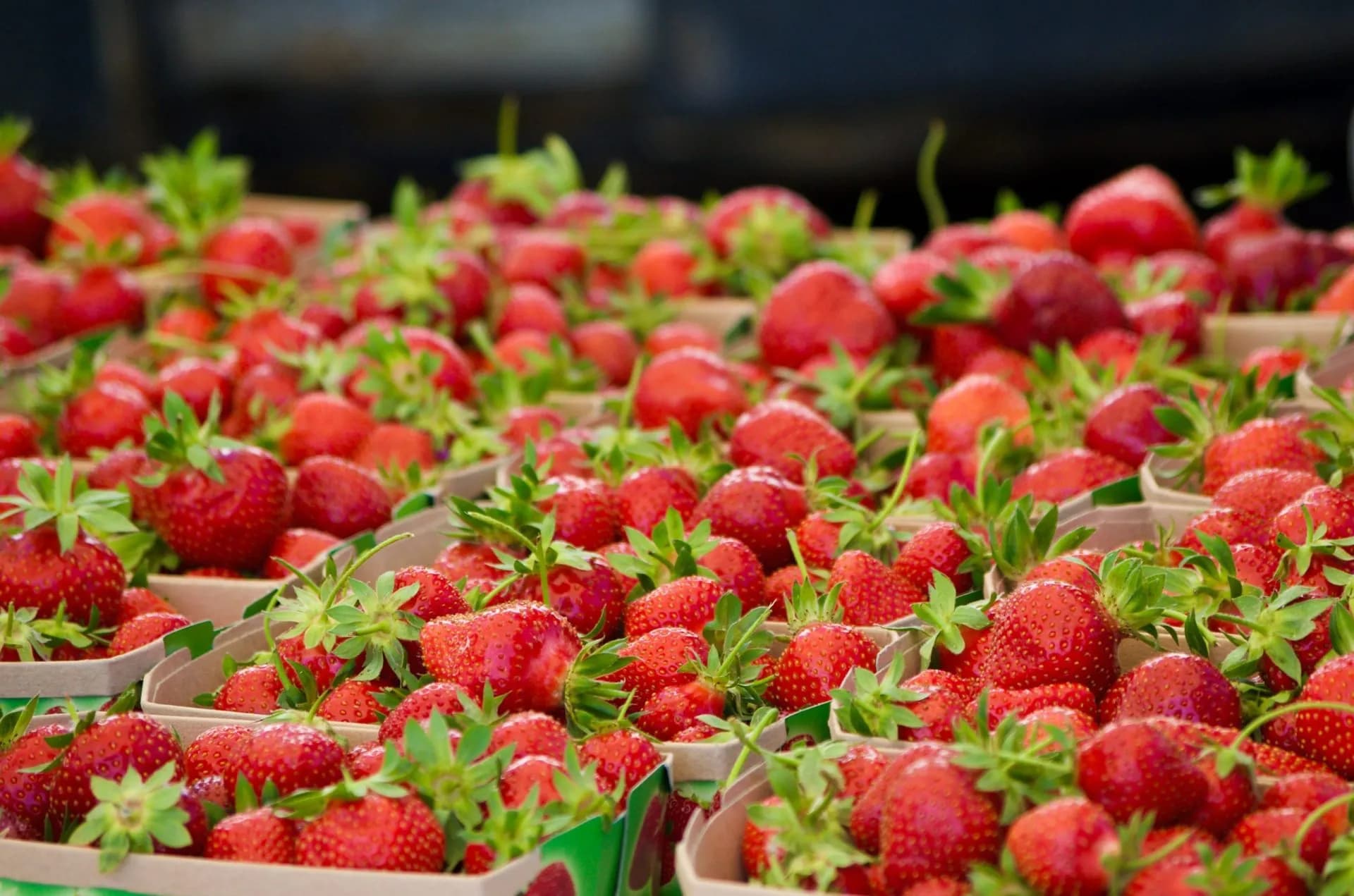 Fresh strawberries with green tops displayed in cardboard baskets at a market.