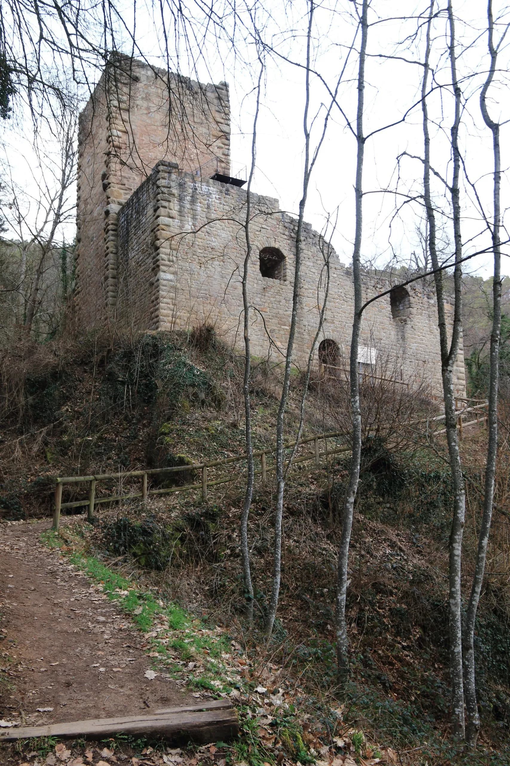 Ruins of Chateau du Hagueneck near Eguisheim on a wooded hillside with a dirt path.