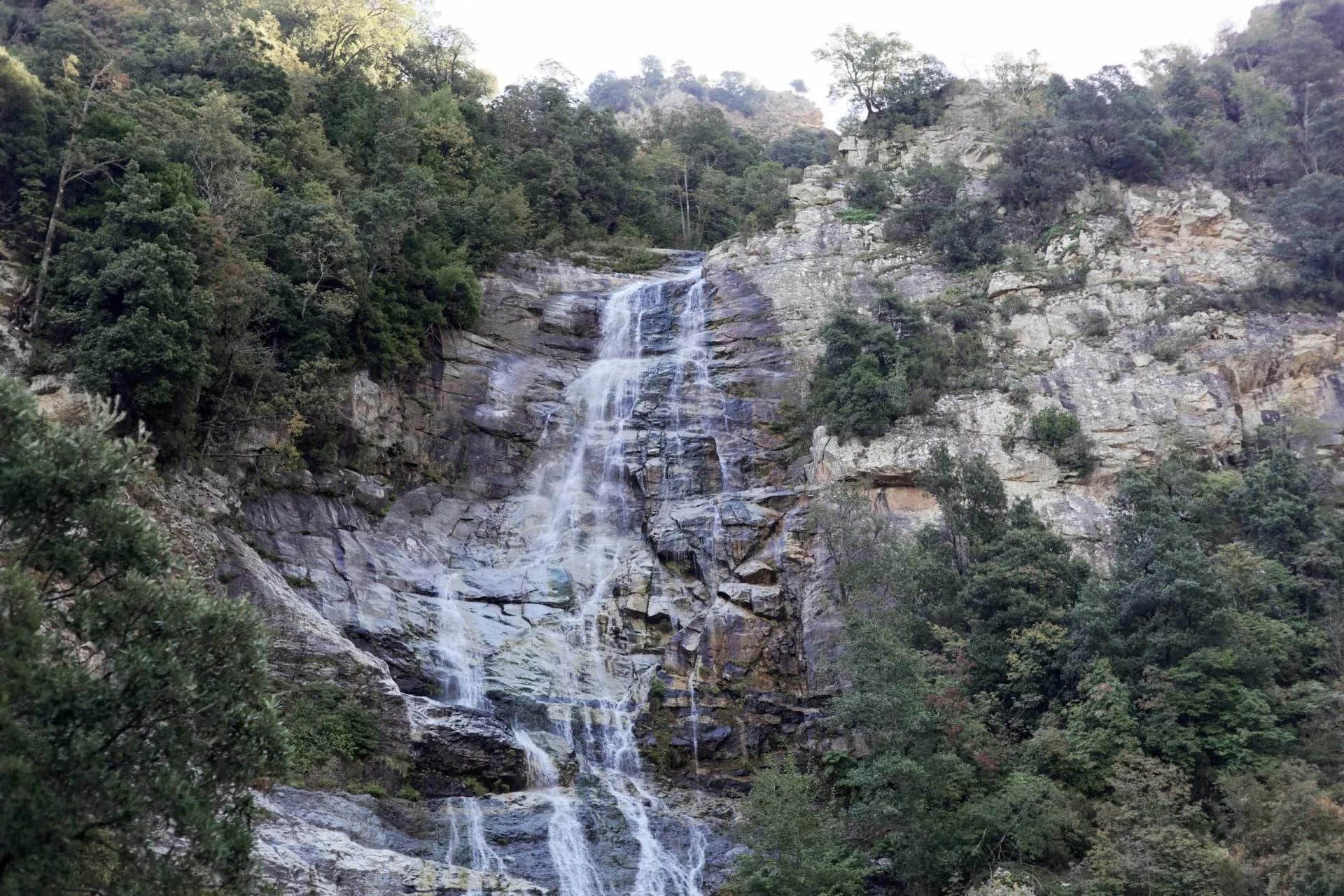 Waterfall cascading down a steep, rocky cliff face surrounded by dense green forest.