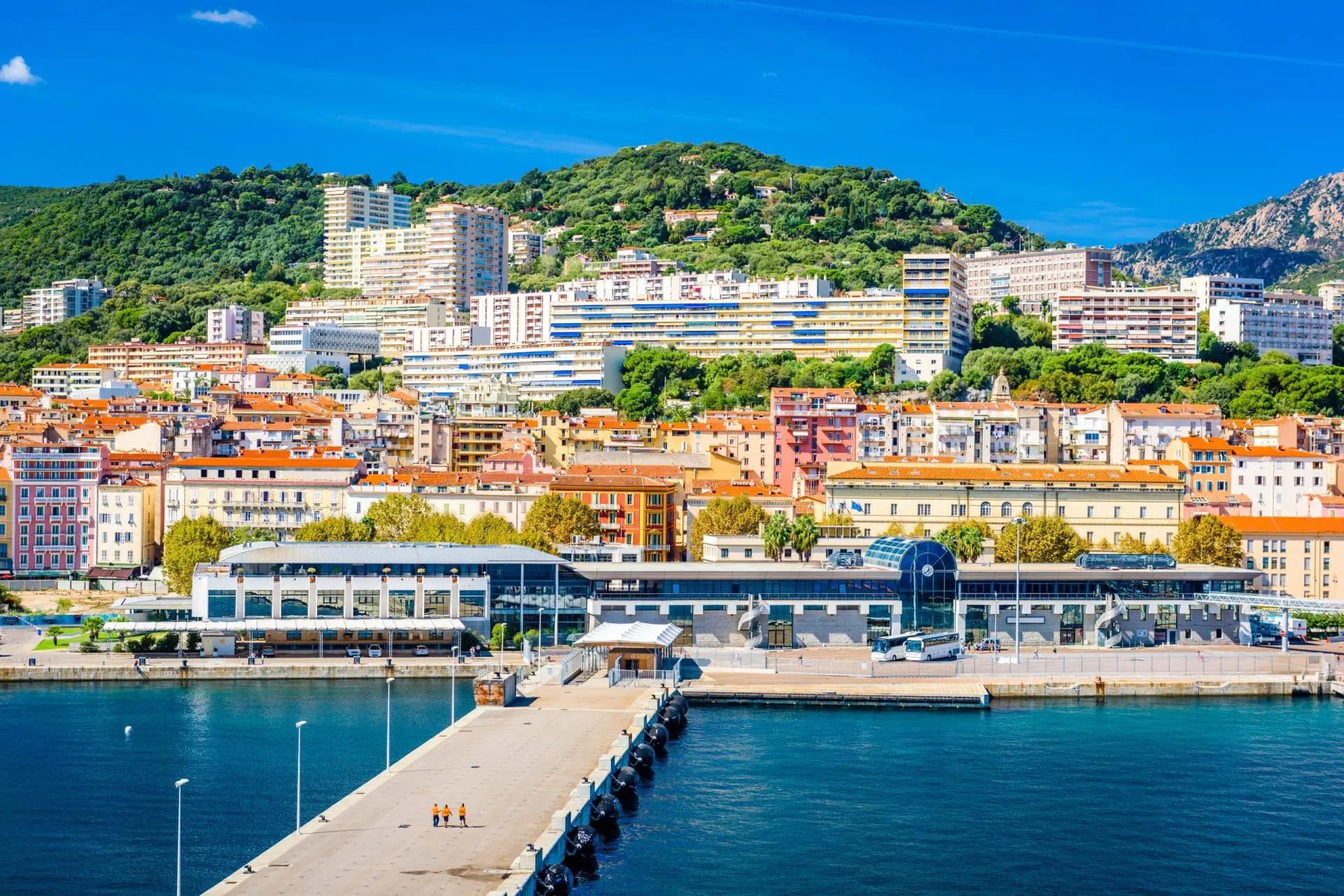 Port buildings and colorful city sprawl against a green, scrub-covered hill under a bright blue sky in Ajaccio.