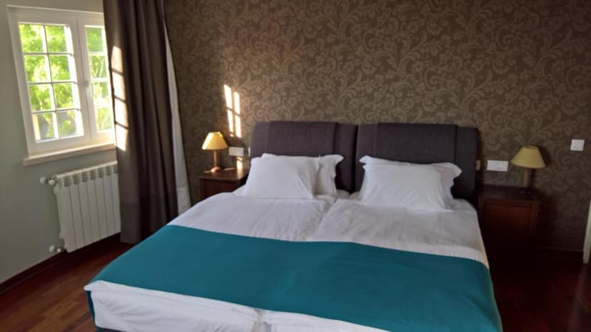 Bedroom interior of Quinta do Cabo Guesthouse with twin beds and patterned wallpaper.