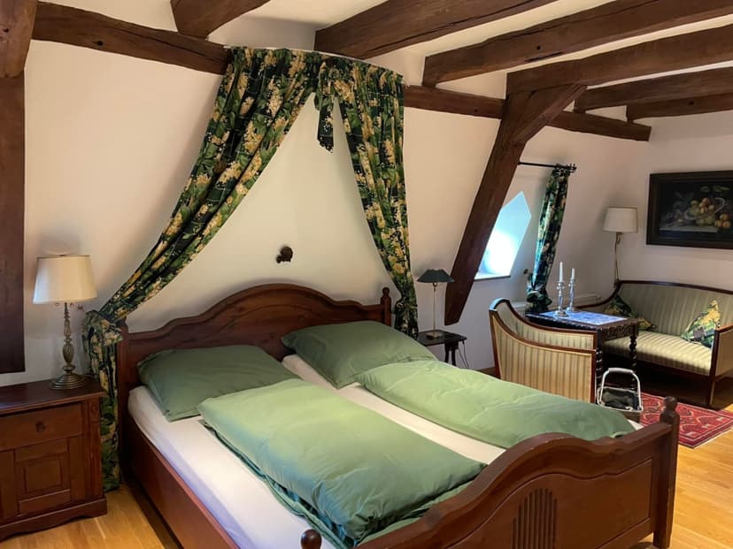 Bedroom with wooden beams, canopy bed with green bedding, and antique sofa.