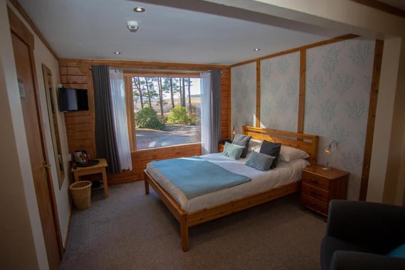 Bedroom with wooden frame bed, large window view of trees, and light blue patterned wallpaper.