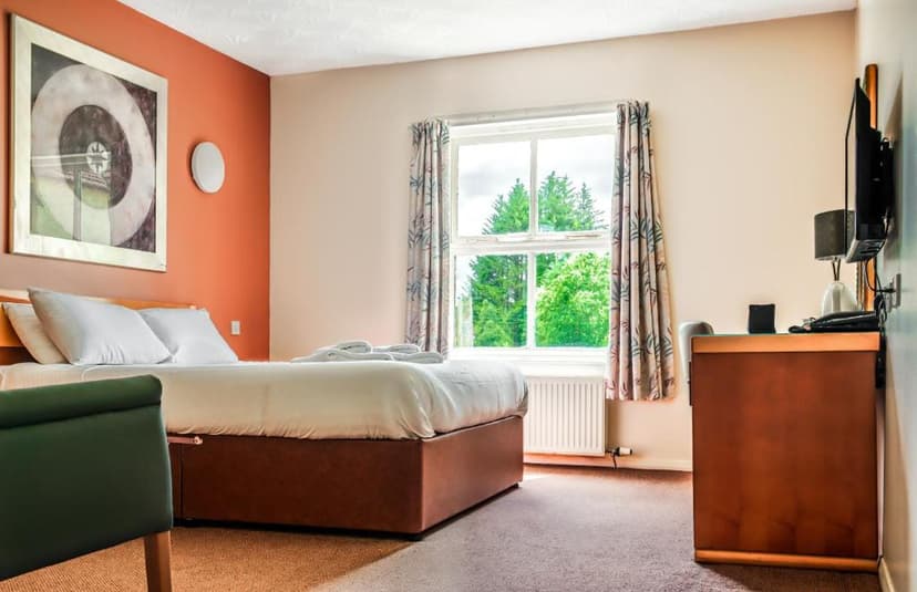 Bedroom with white bedding, orange accent wall, and window view of green trees, Rob Roy Hotel