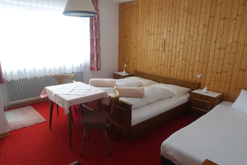 Berggasthaus Schäfler guest room with wood paneling, red carpet, and twin beds.