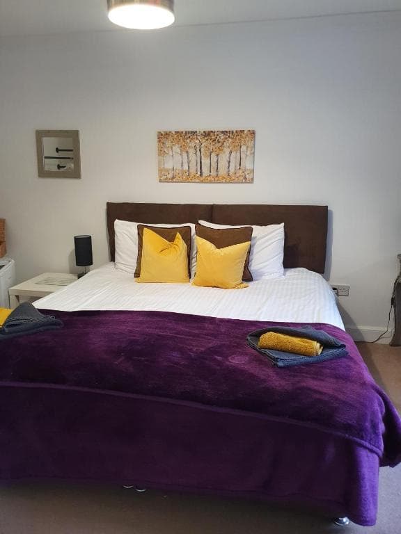 Bedroom with white walls, dark brown headboard, yellow pillows, and purple blanket.