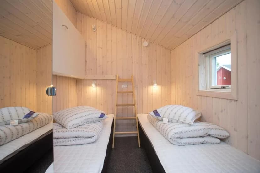 Twin beds in small room with light wood paneling and ladder to loft area