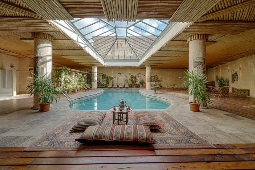 Indoor pool area with skylight, potted plants, and floor cushions on a rug.