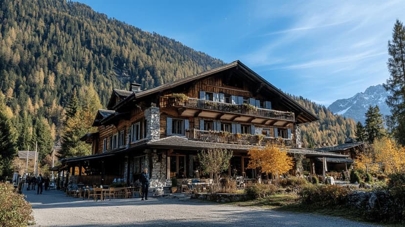 Chalet hotel with wooden balconies against a forested mountain backdrop in autumn