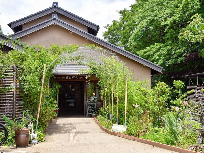 Entrance to a Japanese building with a lush green vine-covered archway and dense foliage.