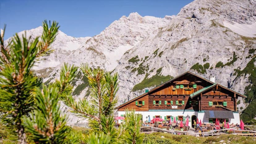 Alpine hut with outdoor dining below towering, rocky mountains, seen through pine branches. Pfeishütte ENA.