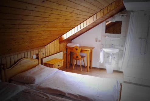 Attic hotel room with wooden paneling, double bed, desk, and small bathroom area.