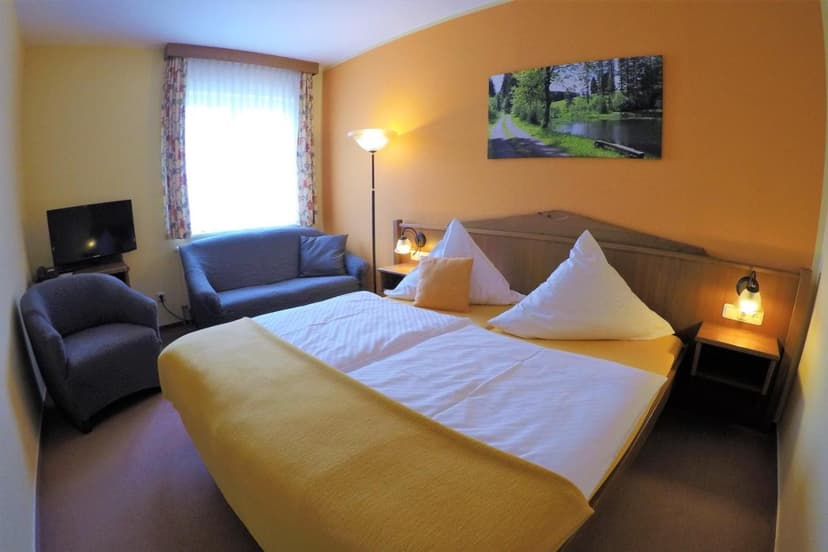Hotel room with large bed, blue sofa, armchair, and nature artwork on orange wall.