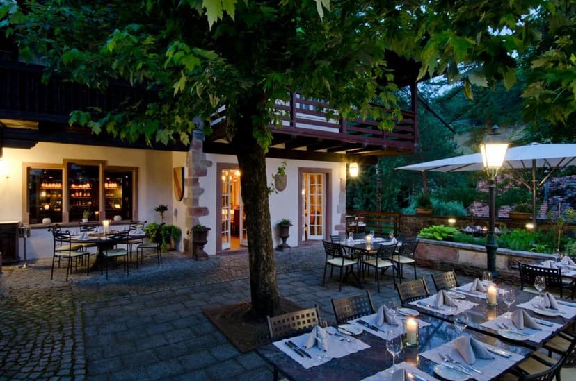 Outdoor dining patio of Landgasthof zur Sonne with set tables under a large tree.