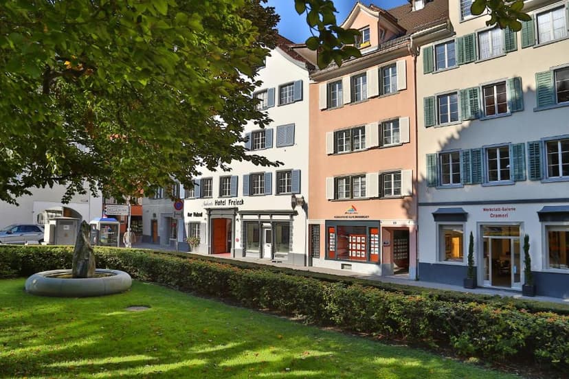 Hotel Freieck facade next to shops, viewed across a sunny lawn with a stone fountain.