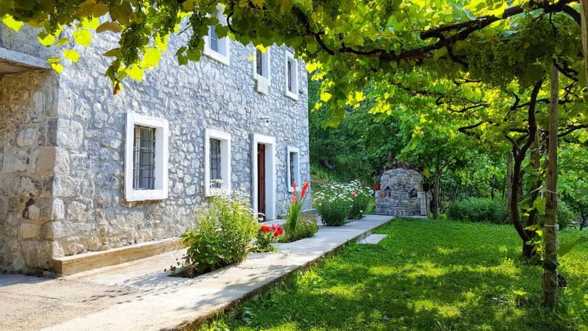 Stone guesthouse exterior with lush green yard, grape arbor, and outdoor stone oven, Gjin Thana.