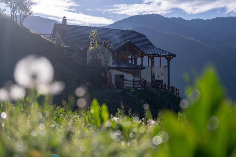 Alpine chalet on a grassy hillside with mountains in the background, morning light.